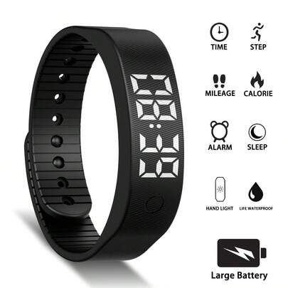 1pc Unisex Black Silicone Strap White LED Digital Sports Smart Watch With Step Tracker, Calorie Counter, Sleep Monitor, Vibration Reminder, Suitable For Running, Daily Wear, School, Gifts, Holidays
