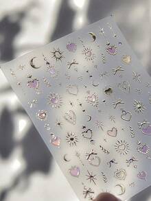 1pc Gold Totem Pink Heart Nail Art Stickers, Aurora Holographic Nail Decals, For Nail Art Design, Rhinestones, 5D Self-Adhesive, Nail Accessories For Women, Aesthetic Nail Art - 彩色 - 查看 3