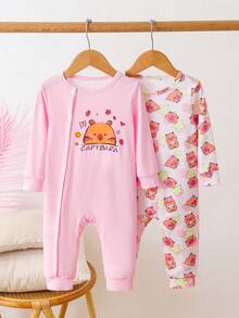 2 pcs Set Piyama Bayi Perempuan Lucu & Simpel, Romper Kancing Depan Motif Hewan Capybara, Bahan Lembut Cocok untuk Musim Semi, Gugur, dan Dingin - MultiWarna - View 2