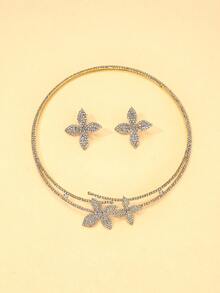 Bộ trang sức 3 món gồm dây chuyền và bông tai đính đá lấp lánh hình hoa, kiểu dáng thời trang châu Âu và Mỹ, thích hợp cho các buổi tiệc tối. - hoa - Xem 8