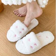 Cute Floral Bow-Embellished Slippers For Girls, Perfect For Winter Indoor Use, Non-Slip, Fleece-Lined, Warm, And Student-Friendly. - 白色 - 查看 3