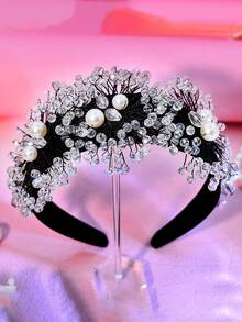 1pc Handmade Crystal Flower Headband, Elegant Pearl Wide-Banded Headpiece Suitable For Brides, Weddings, Celebrations, Gifts, Dates, Casual Wear - Black - View 6
