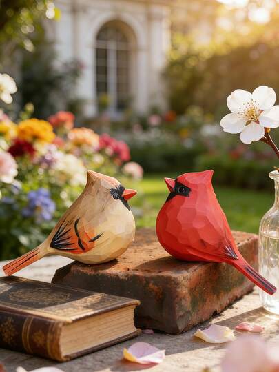 2 pezzi Statuette di uccelli rossi in legno dipinte a mano - Decorazioni affascinanti per casa e giardino, sculture animali creative per scrivanie, scaffali, colori vivaci e lavorazione raffinata, ideali per amanti della natura e appassionati di decorazione per la casa, adorabili decorazioni da interno/esterno per ravvivare il tuo spazio abitativo