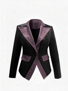 Fashionable Contrast Color Lapel Waist Cinched PU Leather Jacket, Stylish Outerwear - Purple - View 5
