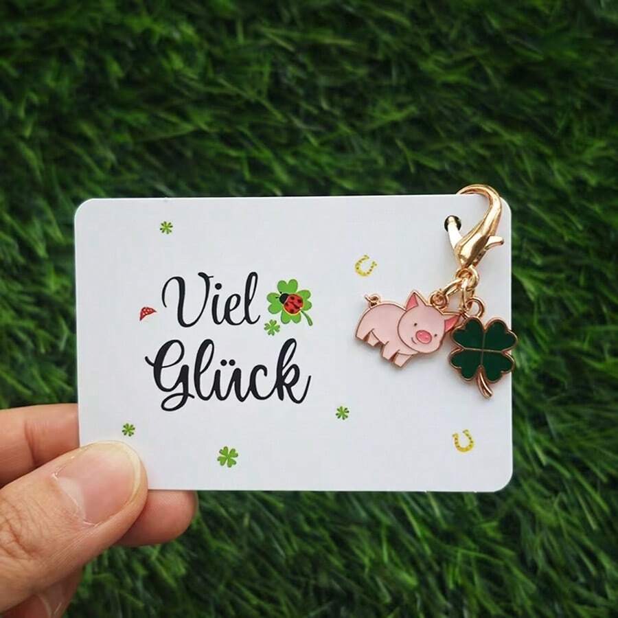 Lucky Four- Clover & Pig Keychain With German Luck - Cute Pig & Clover Suitable For Exams, School, Graduation, Birthday Parties - Multicolor - View 1