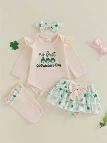 My First St Patricks Day Outfit Baby Girl Romper Shamrock Ruffle Shorts Blommers Socks Set St Patricks Dress Clothes - 杏色 - 查看 1