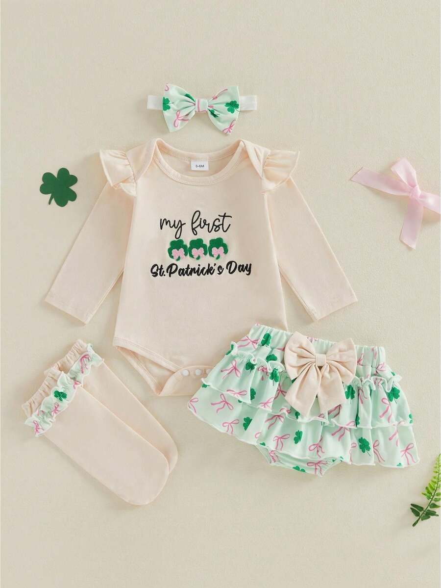 My First St Patricks Day Outfit Baby Girl Romper Shamrock Ruffle Shorts Blommers Socks Set St Patricks Dress Clothes - 杏色 - 查看 1