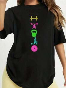 Women's Printed T-Shirt For Gym, Workout, Weightlifting, Crossfit, Comfortable, Short Sleeve, Round Neck - New Arrival - 黑色 - 查看 2