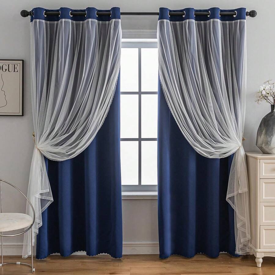 Blackout And Sheer Layered Solid Window Curtain Panel Pair With Grommet Top, 52Wx63L, Orange - Anytime Use - 海軍藍 - 查看 1