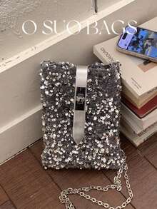 1pc Mini PVC Sequin Shiny Bucket Bag, Metal Chain Decor Glitter Ladies Party Clutch Purse, Fashion Gift Bag, Suitable For Women Party And Evening Wear - Silver - View 2