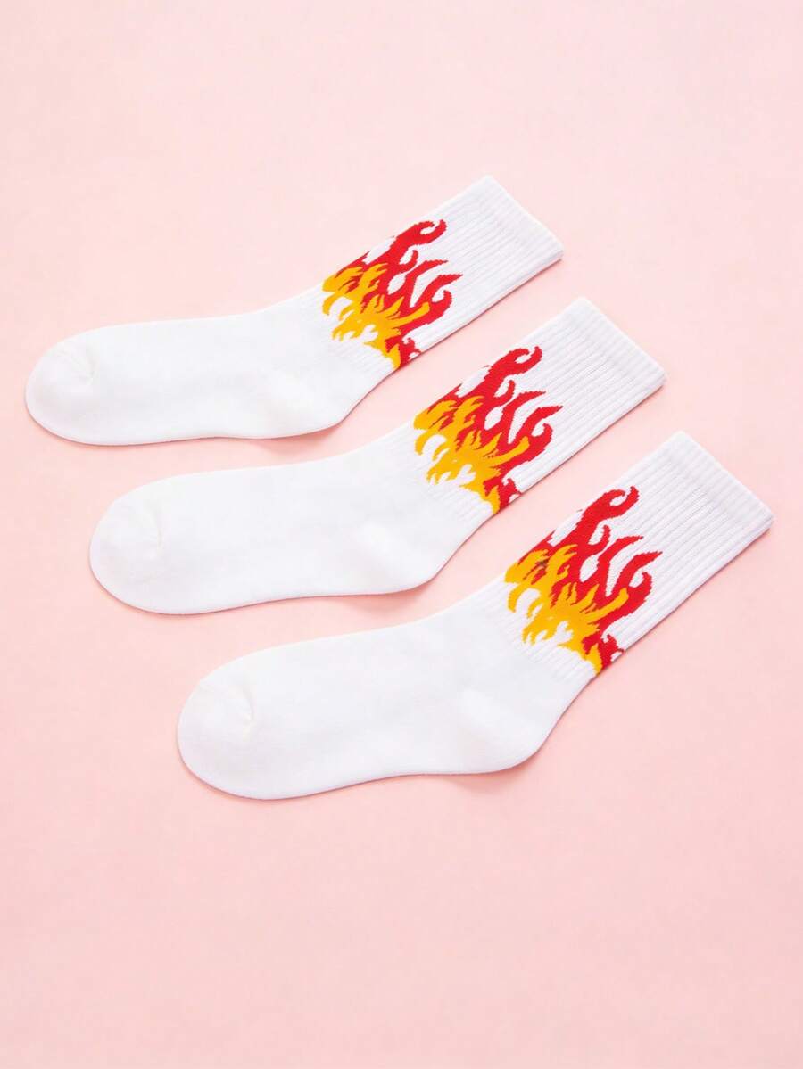 3 Pairs Men's Mid-Calf Socks With Yellow Flame Pattern, & High Elasticity, Not Tight - White - View 1