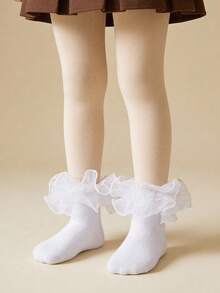1双棉质女童大蕾丝边舞蹈袜，优雅公主风短袜，适合派对穿着 - 白色 - 查看 3