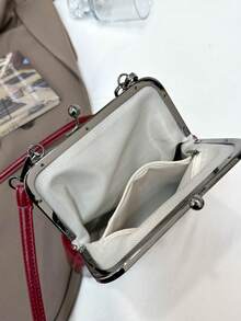 复古仿皮斜挎包，女士复古风吻锁迷你手提包，配有可调节肩带，纯色轻便都市手提包，涤纶内衬，情侣礼物，新年礼物 - 酒紅色 - 查看 6