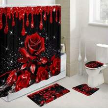 1/4 Piece Rose Shower Curtain Decor, Elegant Housewarming Gift, Modern Home Decor, 3-Piece Shower Curtain And Bath Mat Set With Shower Curtain Hooks, Best Valentine's Day Gift, Bathroom Decor, Bathroom Accessories