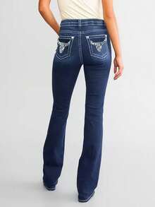 Women's Jeans Feather Flower Embroidery Mid Rise Stretchy Bootcut Slim Wide Leg Pants Straight Leg Pants - Màu xanh lam - Xem 5