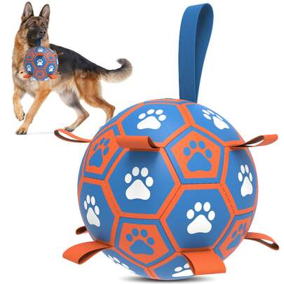 Juguete para perro con correa tejida incorporada en forma de balón de fútbol, juguete interactivo para perros para interiores y exteriores, balón de fútbol para perros regular adecuado para perros pequeños, medianos y grandes, excelente regalo de Navidad