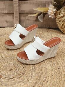 Women's Platform Wedge Sandals, European And American Cross-Border Plus Size Wedge Sandals, Rope Platform Fashion High Heel Sandals, Chunky Sole Slip-On High Heel Sandals - Beige - View 6