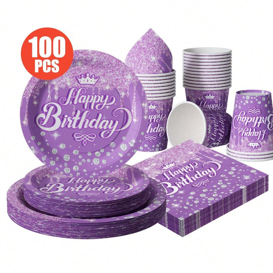 Purple Crystal Crown "Happy Birthday" Disposable Plates, Napkins, Cups - One-Time Party Supplies Set, Fits 25 Guests, Disposable Paper Plates Party Tableware Suitable For Birthday, Wedding, Theme Party, Family Picnic - Multicolor - View 1
