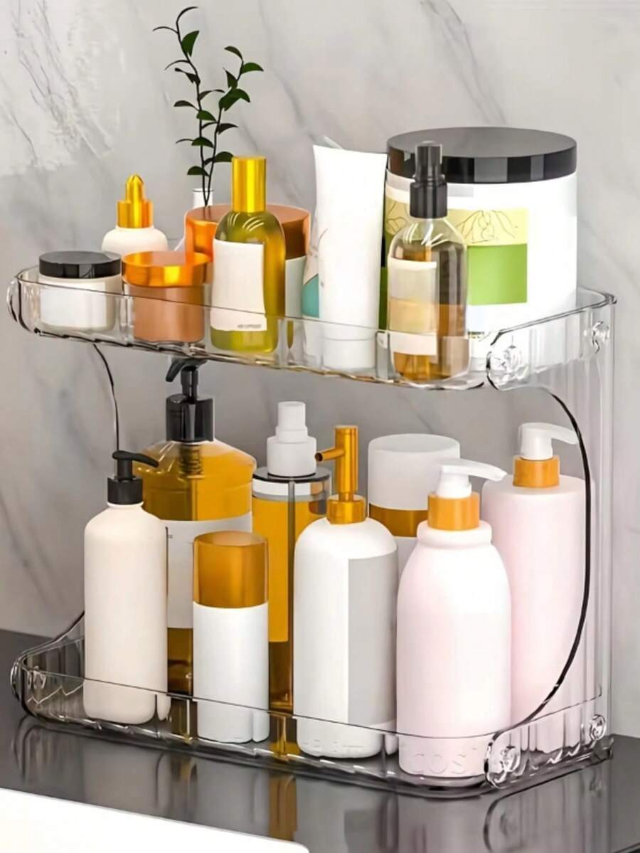 1pc 2-Tier Transparent Plastic Desktop Cosmetic Storage Box With 2-Tier Shelves & 4-Wheel Base - Space-Saving Organizer Tray - Multicolor - View 1