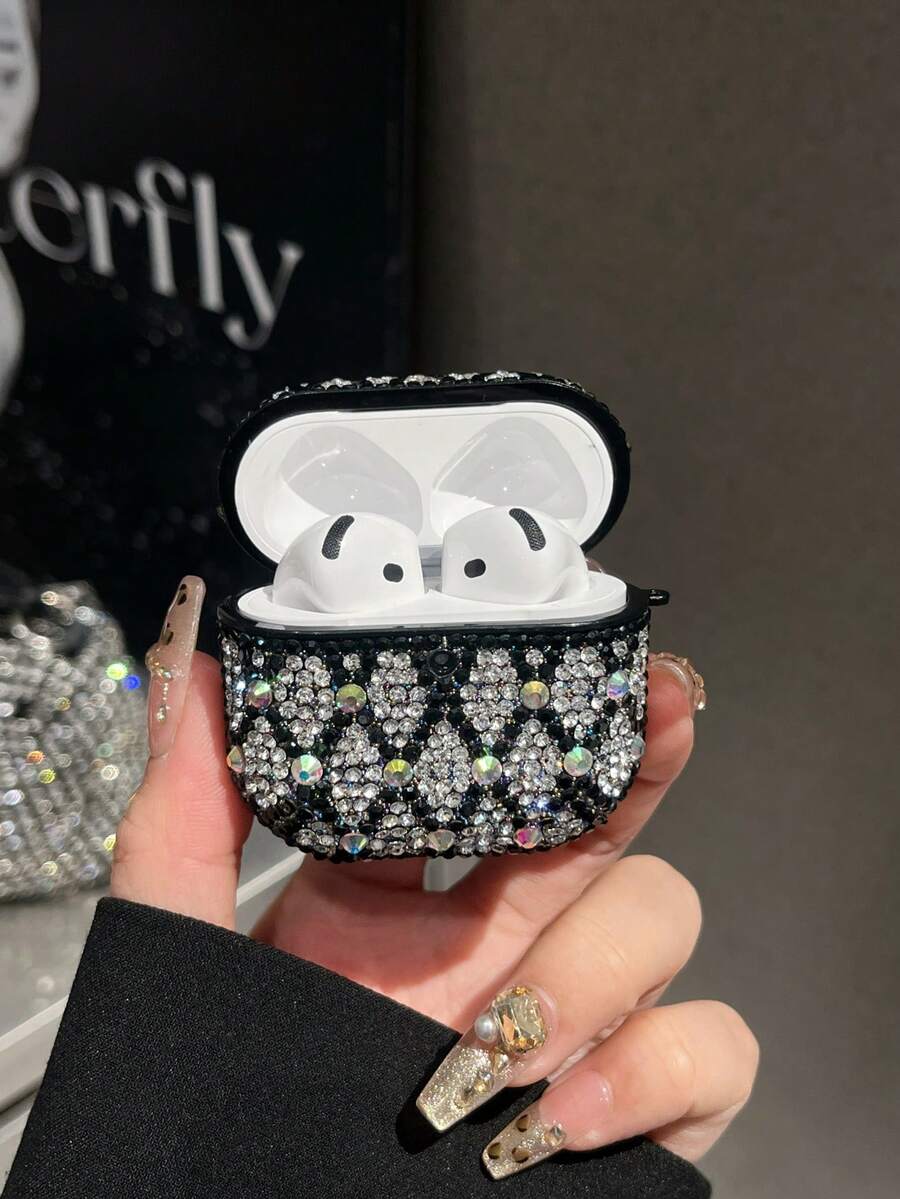 1 pieza Estuche protector con cristales de Rhinestone plateado para auriculares Bluetooth