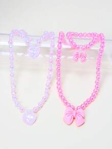 2pcs/Set Girls Cute Bow Heart Pendant Pearl Beaded Bracelet Necklace Jewelry Set, Suitable For Holiday Party, School, Birthday Gift