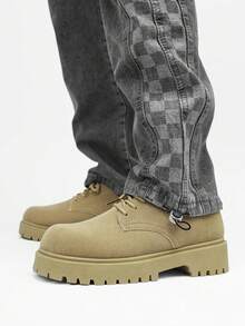 Men's Retro British Style Chunky Derby Shoes, Versatile Casual Elevator Shoes - Camel - View 2