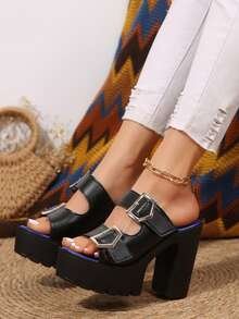 Women's Peep-Toe Buckle Accessory High Heel Sandals, Summer Leather Sandals, Casual Summer Slippers, Waterproof Platform Thick Heel High Heel Versatile - Black - View 1