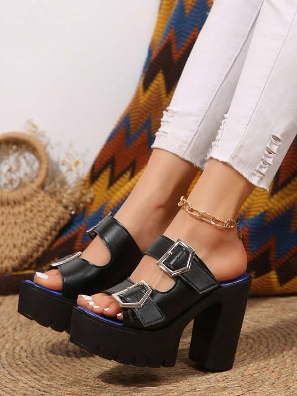 Women's Peep-Toe Buckle Accessory High Heel Sandals, Summer Leather Sandals, Casual Summer Slippers, Waterproof Platform Thick Heel High Heel Versatile