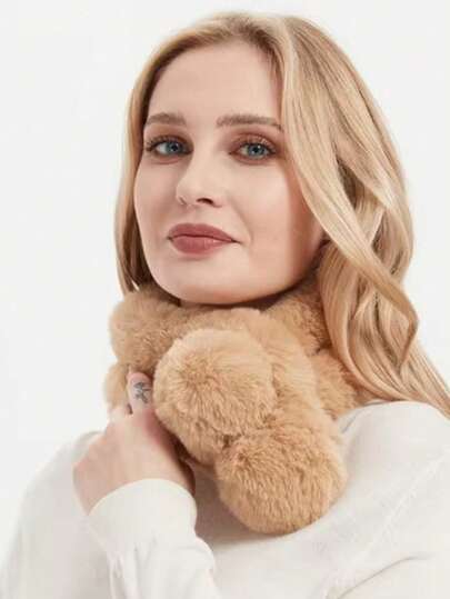 1pc Solid Color Faux Fur Scarf, Fluffy Thickened Pom Pom Neck Warmer, Suitable For Daily And Outdoor Wear, Autumn/Winter