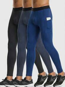 3pcs Men's Fitness Base Layer Pants, Sports Basketball Running Training Pockets Tight Elastic Quick-Dry Cropped Leggings - Black - View 1