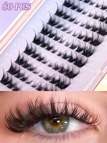 MAGEFY 24/36/66/80 piezas Pestañas de gato con rizo CC, pestañas cruzadas de zorro de estilo de dibujos animados extra largas, pinza para cejas, cabello de hada puntiagudo de dibujos animados, grupos de pestañas de zorro, pestañas de ojo de gato, extensión de pestañas naturales gruesas individuales, incluye cepillo de cejas - C - Ver 2
