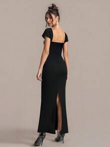 ASANDY 女士镶钻方领荷叶袖修身黑色连衣裙，闪亮晚礼服，展现迷人魅力 - 黑色 - 查看 11