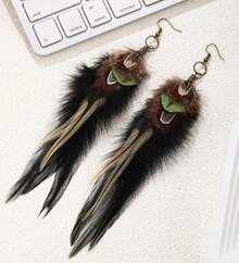 Pendientes largos de plumas para mujer, pendientes colgantes de plumas bohemias, pendientes de plumas naturales, pendientes de plumas negras WNCJ - Z - Ver 14