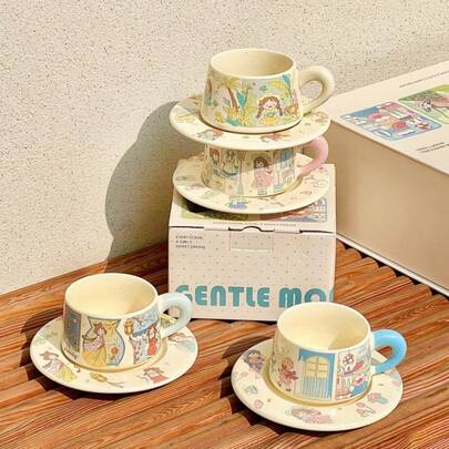 卡通咖啡杯碟图案马克杯，优雅下午茶杯，精美陶瓷杯，送给她的礼物