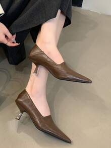 Women's Pointed Toe Elegant Low Heel Slip-On Shoes, Versatile Comfortable Solid Color Commuter Shoes For Office,Kitten Heels - Brown - View 7