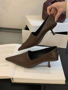 Women's Pointed Toe Elegant Low Heel Slip-On Shoes, Versatile Comfortable Solid Color Commuter Shoes For Office,Kitten Heels - Brown - View 8