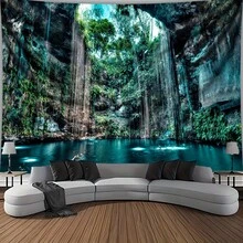 One Extra-Large Waterfall Forest Landscape Tapestry-Made Of Vibrant, High-Quality Polyester, Comes With Free Hooks, Suitable For Living Rooms, Bedrooms, Party Decorations, And Live Streaming Backdrops. A Natural-Inspired Interior Wall Decoration. - 彩色 - 查看 7