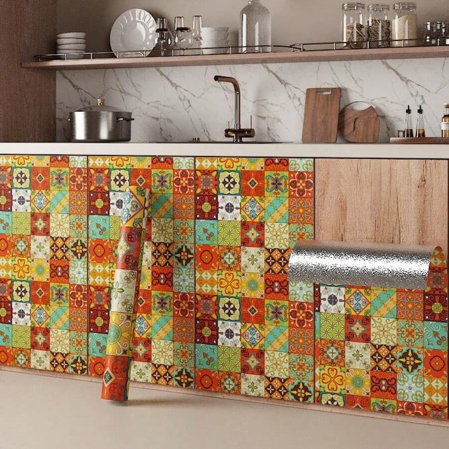 1卷波西米亚复古风壁纸，防水防油耐热家居装饰贴纸，厨房橱柜浴室墙贴 - 彩色 - 查看 1