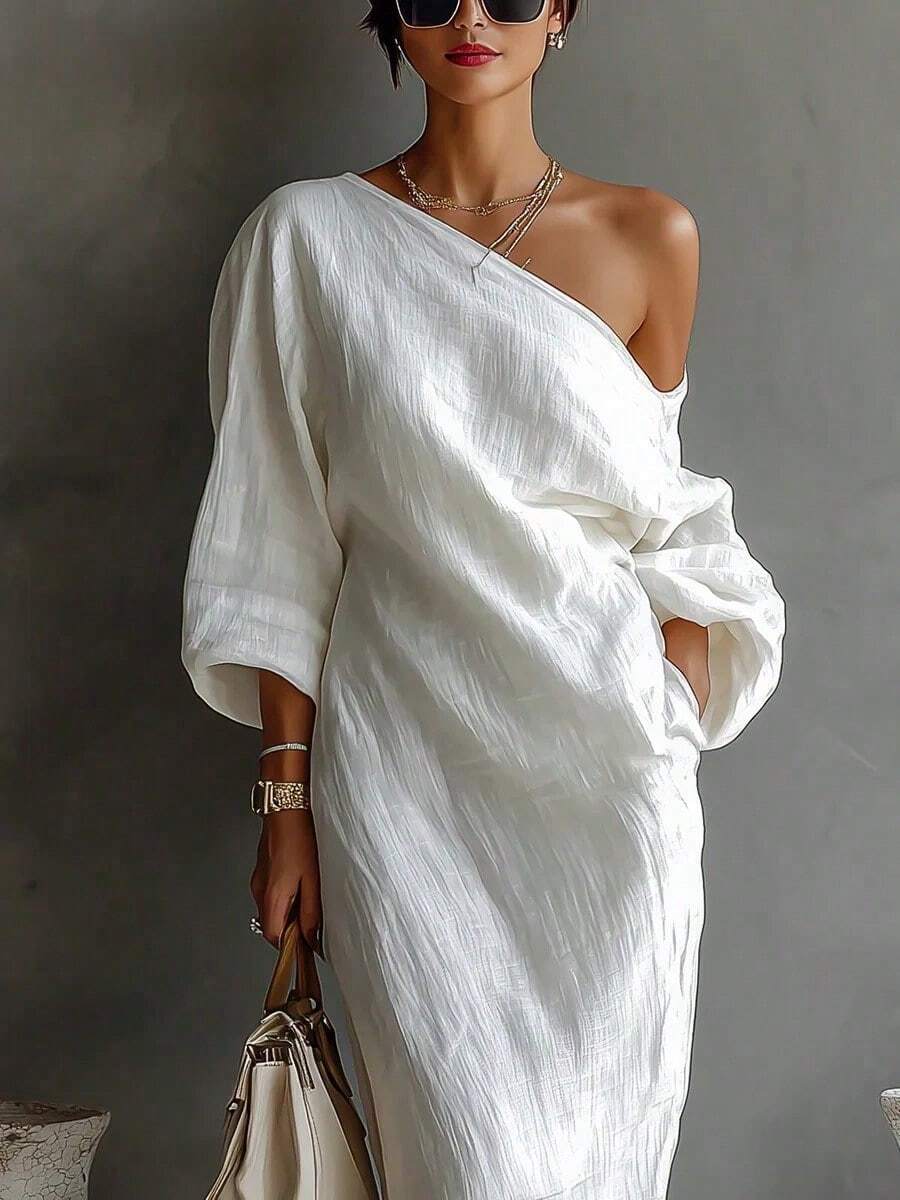 2026 Elegant Breathable Irregular One Shoulder Lazy Dress White - trắng - Xem 1