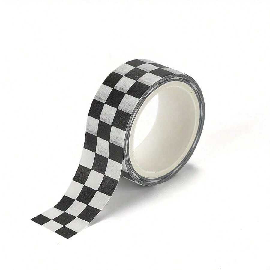 1 Roll Of Checkerboard Washi Tape, Fresh And Fashionable School Supplies Sticker, Suitable For Diary Handbooks, Scrapbooks, Photo Albums, Paste Decoration - 黑色 - 查看 1