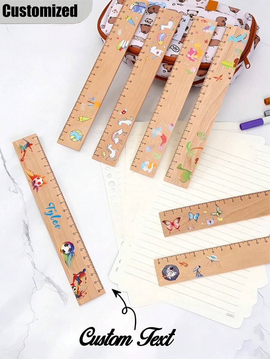 Custom Wooden Ruler With Personalized Print - Ideal For School And Home - Perfect First Day Of School Gift, First Day Of School Supplies|Customizable Ruler|Durable Wooden Ruler - Multicolor - View 1