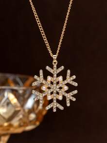 1pc Luxury Niche Fully Rhinestone Snowflake Pendant Necklace, Suitable For Daily Commute Outfit - Yellow Gold - View 4