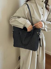 中号休闲拼接单肩托特包，简约手拿包，适合女性购物、通勤、旅行和日常使用；复古大容量单肩托特包，适合女性、大学生购物、返校和日常使用。 - 黑色 - 查看 4