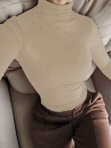 女士简约复古硬币图案优雅休闲高领长袖针织打底衫，秋季款 - 杏色 - 查看 2