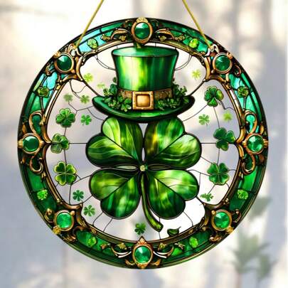 [Lycka till-dekoration med irländskt tema] 1 st. St. Patrick's Day-solfångare i akryl - fyrklöver och magisk hattdesign, fönsterdekoration, festlig hem- och trädgårdsdekoration, lycka till-berlock, irländsk inflyttningspresent
