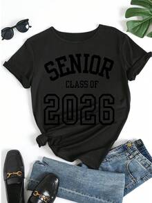 Damen Kurzarm Rundhals T-Shirt mit Grafik-Muster "Senior Class of 2026", lässiges Lässig Shirt für Abschlussfeier, locker geschnitten, Sommer Top für Teenager Mädchen - Schwarz - Übersicht 5