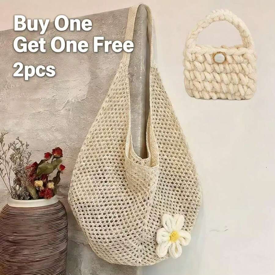 Woven Large Capacity Shoulder Bag, Hollow Out High-End Feeling Beach Bag (Comes With Matching Earphone Pouch) - Multicolor - View 1