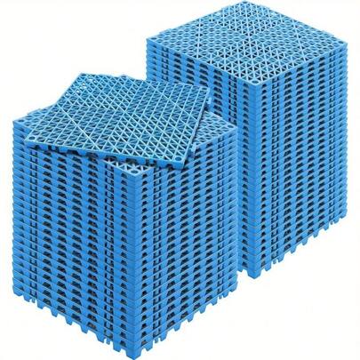Modular Interlocking Cushion, 50/55 Pack 30 X 30 Cm Splicing Drainage Mats, Soft PVC Interlocking Drainage Floor Tiles, Non-Slip Drainage Holes For Restroom, Bathroom, Kitchen, Pool, Wet Area, Blue And Black PVC 50/55pcs