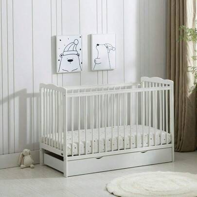 Brooklyn Baby Cot Crib With Mattress & Wheeled Drawer & Safety Wooden Barrier - 125 X 85 X 66 CM