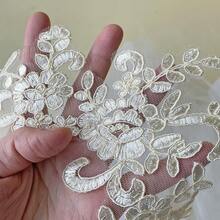 Lace Applique With Sequin Corded Flower Embroidery - Light Champagne - Perfect For Wedding & Bridal Accessories, Dance Costumes, Craft Projects - 25*12.5 Cm (9.8*4.9 Inches) - Mirror Pair - 淡香檳 - 查看 5